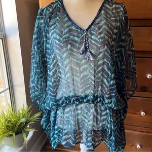 Haute Blu 3X Boho Top Boho Sheer Blue Green Sequins Tassels Elastic Waist